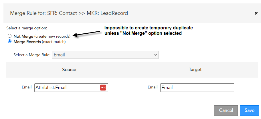 merge rule for SFR contact MKR leadrecord