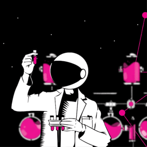 astronaut scientist looking at vial